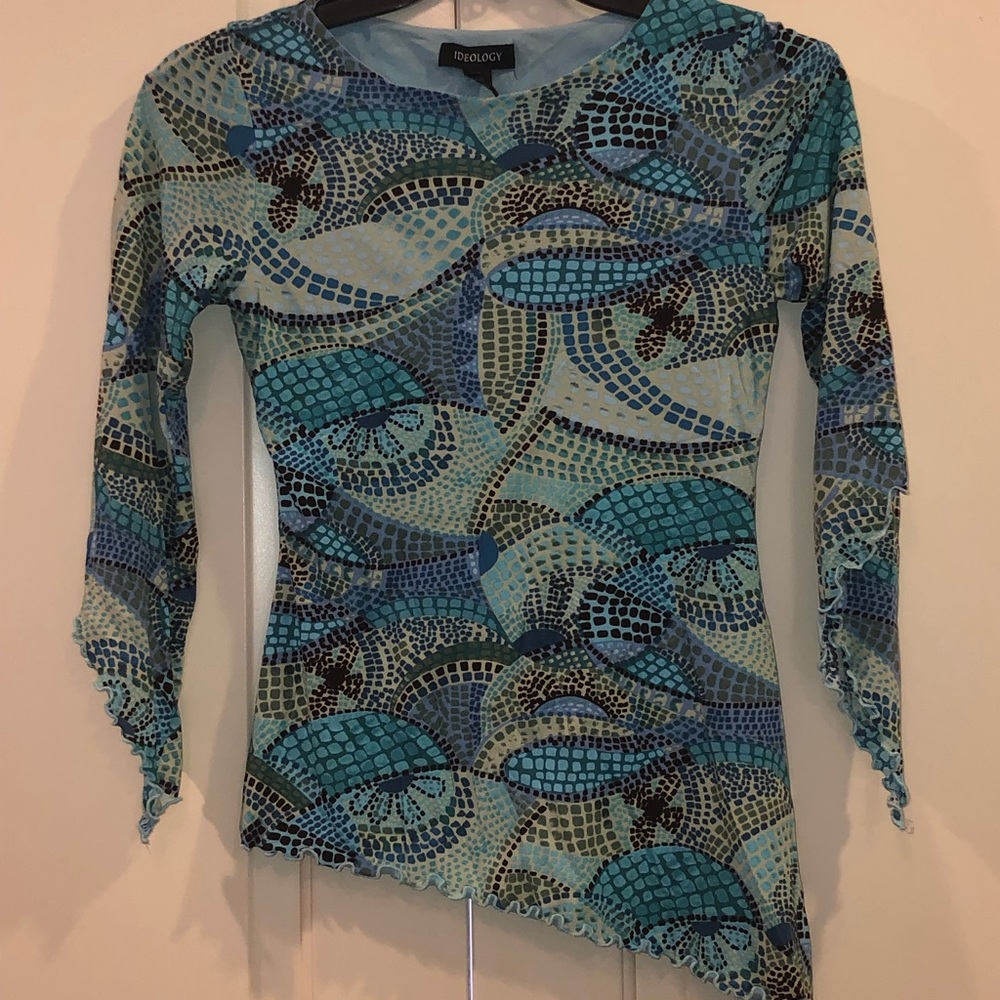 Mosaic Printed Asymmetrical Top w/ Ruffled Trim